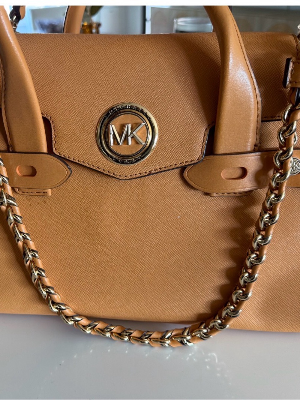 Michael Kors Camel Saffiano Leather Satchel with Gold Chain